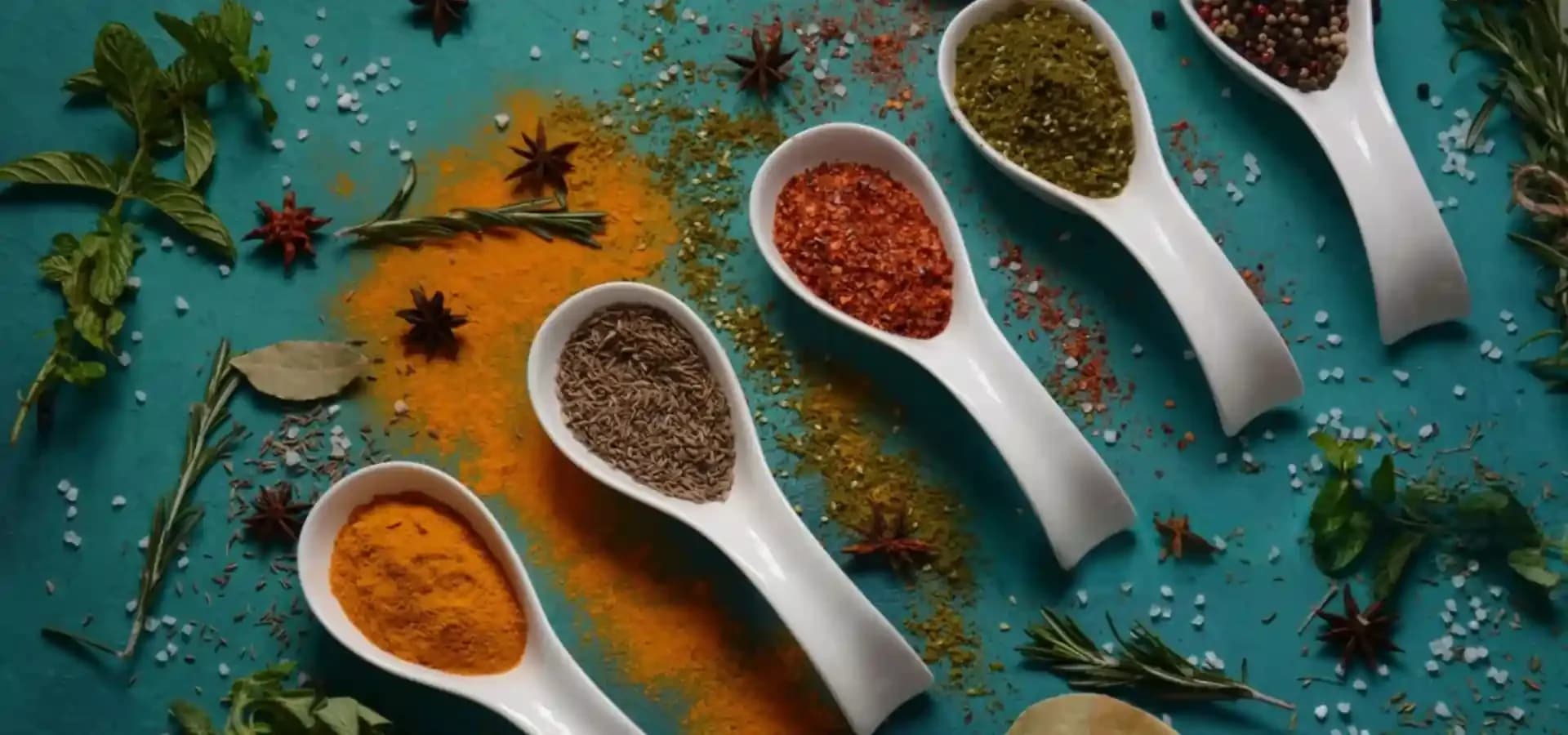 Indian spices on porcelain spoons